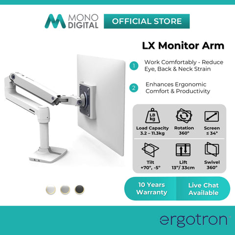 Ergotron LX Desk Monitor Arm - Monitor Mount Adjustable Stand (Matte Black/Polished Aluminum/White)