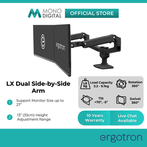 Ergotron LX Dual Side-by-Side Arm, Dual Monitor Arm, Dual Monitor Desk Mount (matte black) (45-245-224)