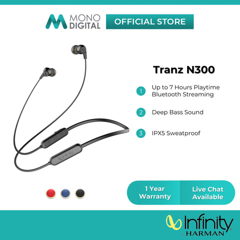 Infinity by Harman Tranz N300 Wireless In-Ear Headphones - Bluetooth Neckband with Deep Bass, Dual EQ, IPX5